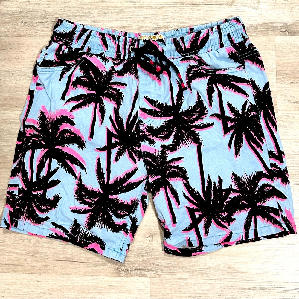 Fresh Prints of Bel Air Black, Neon Palm Trees Light Blue Stretch Twill Shorts L